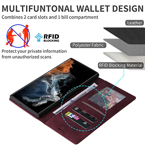 ZZXX Samsung Galaxy S22 Ultra Case Wallet with RFID Blocking, Card Slot, Photo Frame, Kickstand, Magnetic, Soft Leather Flip Fold Case (Wine Red-6.8 inch) - Image 3