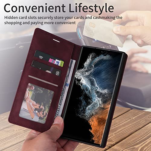ZZXX Samsung Galaxy S22 Ultra Case Wallet with RFID Blocking, Card Slot, Photo Frame, Kickstand, Magnetic, Soft Leather Flip Fold Case (Wine Red-6.8 inch) - Image 4