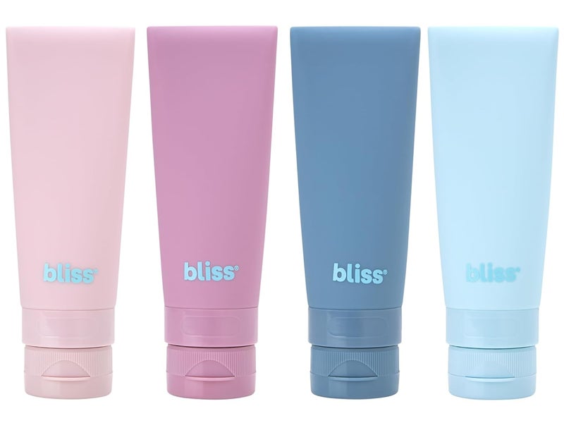 Bliss Silicone Travel Bottles - 4 Pack Leakproof Portable Refillable Liquid Silicone Travel Size Bottles for Toiletries - Mini Travel Accessories for Shampoo, Conditioner, Body Wash, and Lotion, Multi