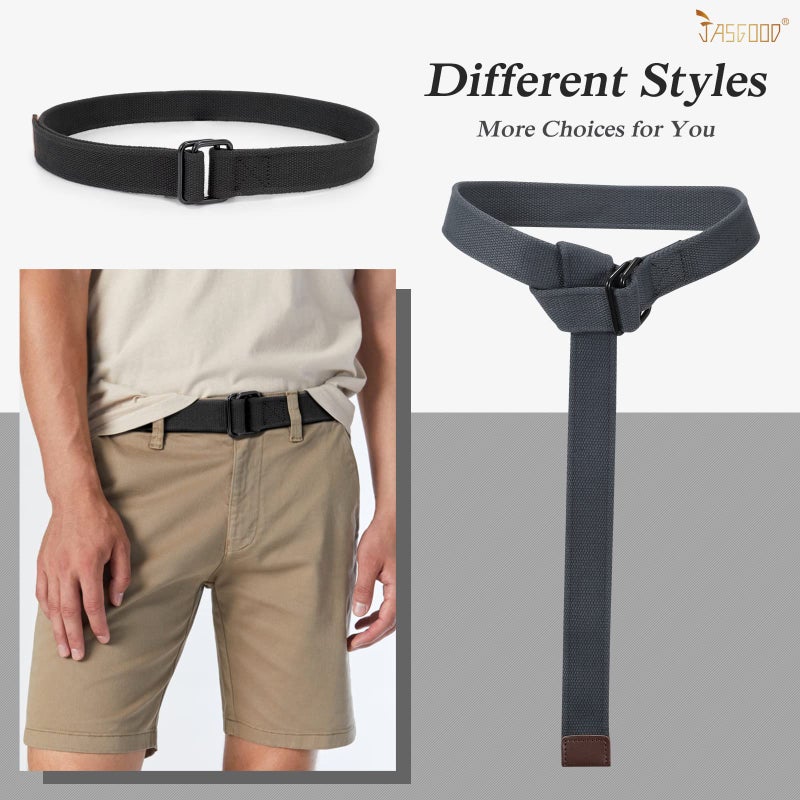 JASGOOD Men Canvas Belt Web Fabric Casual Work Belt with Black D Ring Set of 2(Black+Gray,Fit Waist Size 34-39 Inch) - Image 2