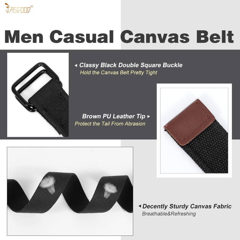 JASGOOD Men Canvas Belt Web Fabric Casual Work Belt with Black D Ring Set of 2(Black+Gray,Fit Waist Size 34-39 Inch) - Image 3