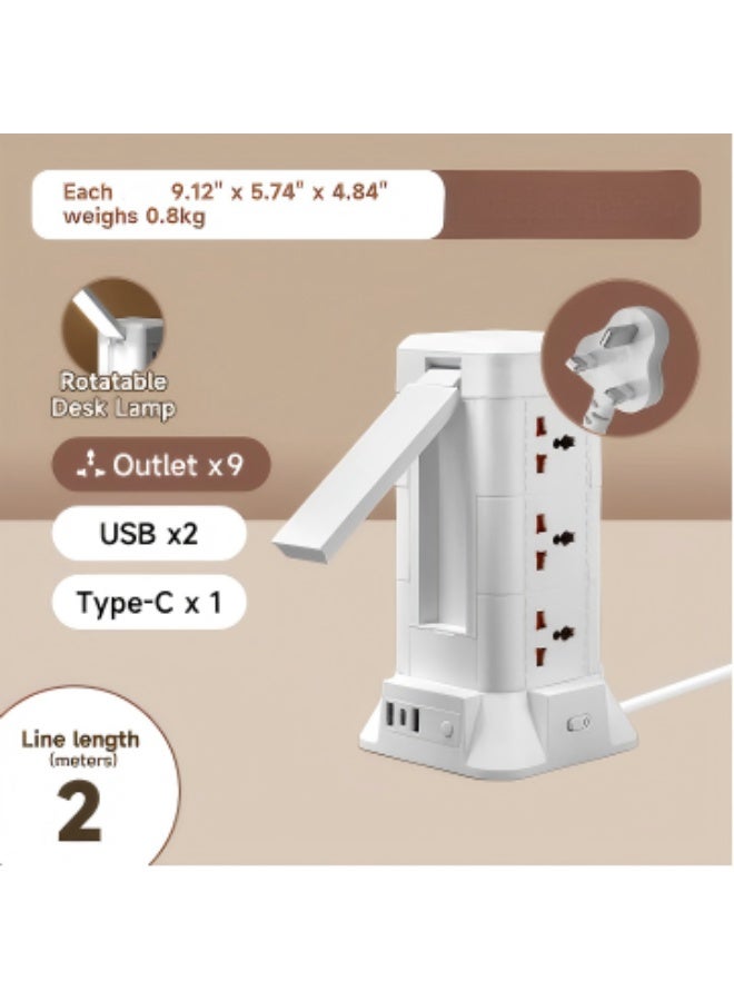 Multi Plug Socket Power Tower Extension Cord with Wireless Charging and Built-in Mini Table Lamp, 9AC Outlets + 2 USB + Type-C PD Ports, 270° Rotatable 3-Color Desk Lamp, 2500W, Home Office Desktop Cable Organizer - Image 2