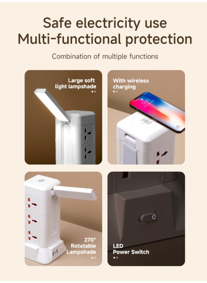 Multi Plug Socket Power Tower Extension Cord with Wireless Charging and Built-in Mini Table Lamp, 9AC Outlets + 2 USB + Type-C PD Ports, 270° Rotatable 3-Color Desk Lamp, 2500W, Home Office Desktop Cable Organizer - Image 3