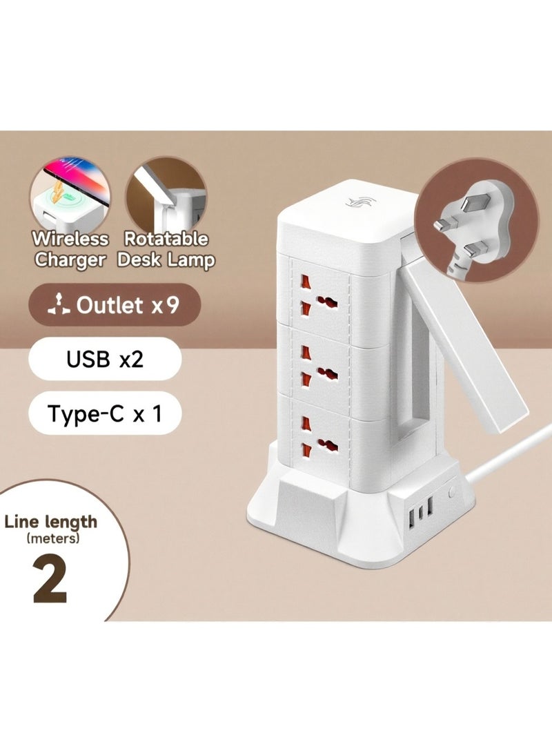 Multi Plug Socket Power Tower Extension Cord with Wireless Charging and Built-in Mini Table Lamp, 9AC Outlets + 2 USB + Type-C PD Ports, 270° Rotatable 3-Color Desk Lamp, 2500W, Home Office Desktop Cable Organizer - Image 1