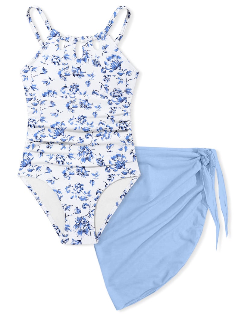 KANGKANG Girls Swimsuit, Girls Bathing Suits Size 10-12 Quick Dry Cut Out One Piece Swimsuits with Tropical Print Cover Up Skirt Teen Bathing Suits Swimwear Set - Image 1