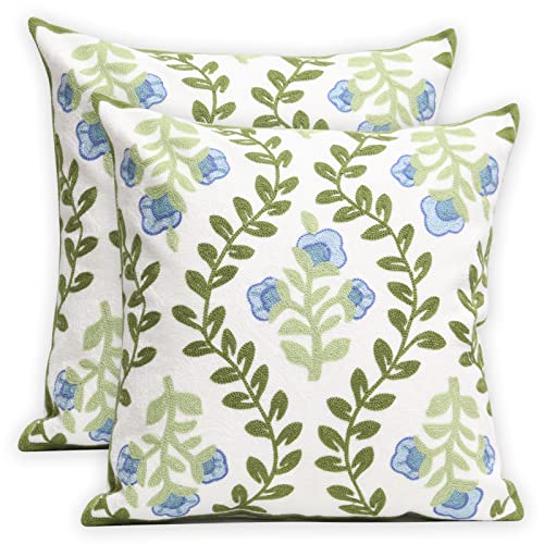 Pilmandu Set of 2 Embroidered Decorative Throw Pillow Covers Couch Square Pillowcases Cushion for Bedroom Sofa Farmhouse Decor 18x18 Inch Blue Floral