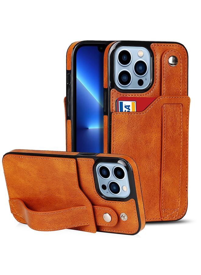 زبون جراب لهاتف iPhone 13 Pro مصنوع من مادة TPU المقاومة للصدمات وجلد البولي يوريثان مع فتحة للبطاقات وحامل حزام المعصم - Image 1