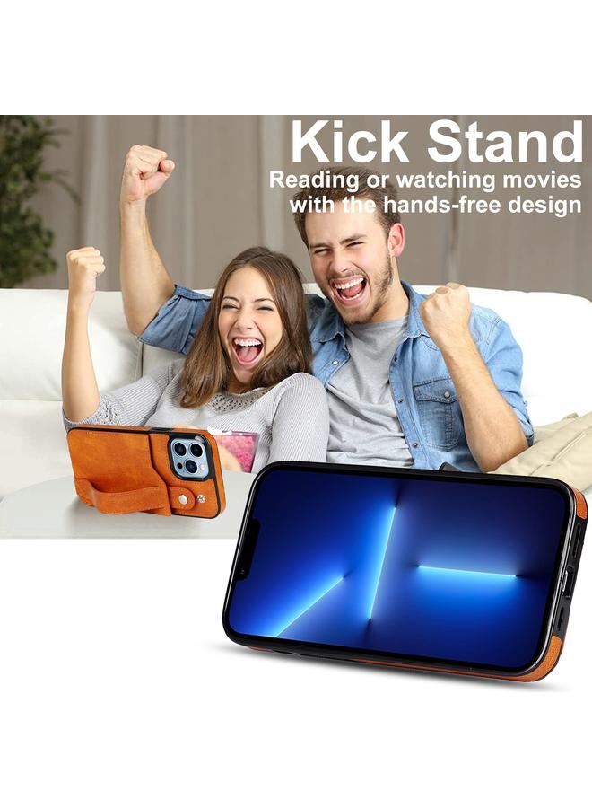 زبون جراب لهاتف iPhone 13 Pro مصنوع من مادة TPU المقاومة للصدمات وجلد البولي يوريثان مع فتحة للبطاقات وحامل حزام المعصم - Image 4