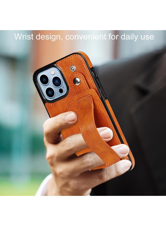 زبون جراب لهاتف iPhone 13 Pro مصنوع من مادة TPU المقاومة للصدمات وجلد البولي يوريثان مع فتحة للبطاقات وحامل حزام المعصم - Image 2