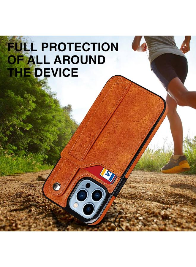 زبون جراب لهاتف iPhone 13 Pro مصنوع من مادة TPU المقاومة للصدمات وجلد البولي يوريثان مع فتحة للبطاقات وحامل حزام المعصم - Image 5