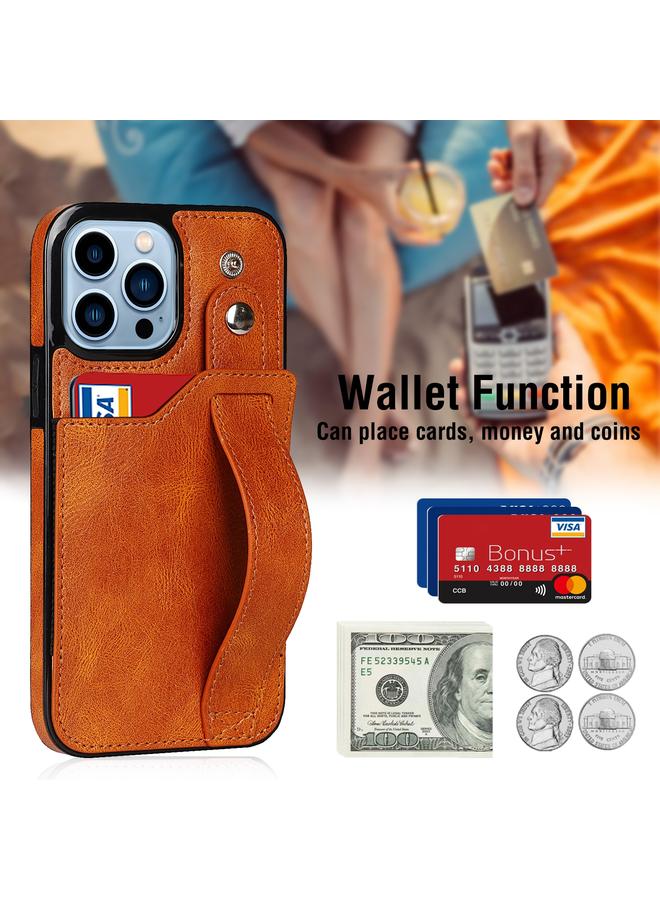 زبون جراب لهاتف iPhone 13 Pro مصنوع من مادة TPU المقاومة للصدمات وجلد البولي يوريثان مع فتحة للبطاقات وحامل حزام المعصم - Image 3