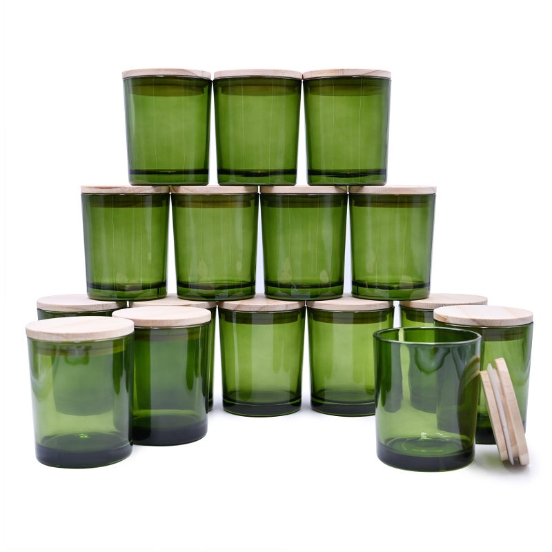 SHOWIN Thick Candle Jars for Making Candles 16 Pcs, 7 OZ Empty Jars with Wood Lids for Candle Making, Sample Container, Green - Image 1