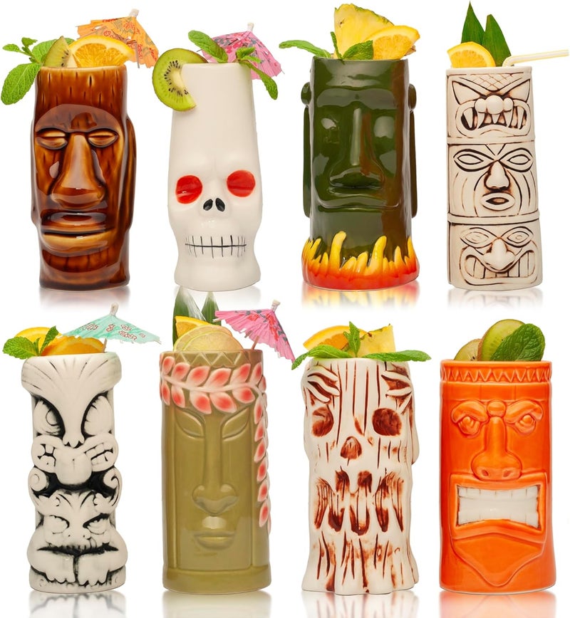 LEMONSODA HardCarved and HandPainted Tiki Mugs  Set of 8  Ceramic Hawaiian Luau Party Mugs Drinkware Cute Exotic Cocktail Glasses Tiki Bar Hawaiian Party Barware  18235oz - Image 1