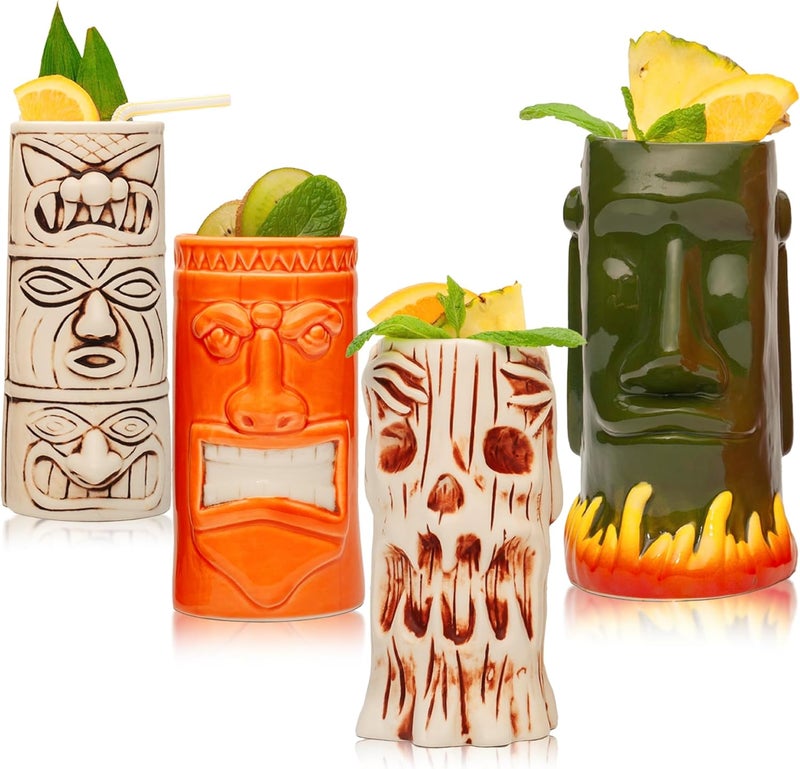 LEMONSODA HardCarved and HandPainted Tiki Mugs  Set of 8  Ceramic Hawaiian Luau Party Mugs Drinkware Cute Exotic Cocktail Glasses Tiki Bar Hawaiian Party Barware  18235oz - Image 4