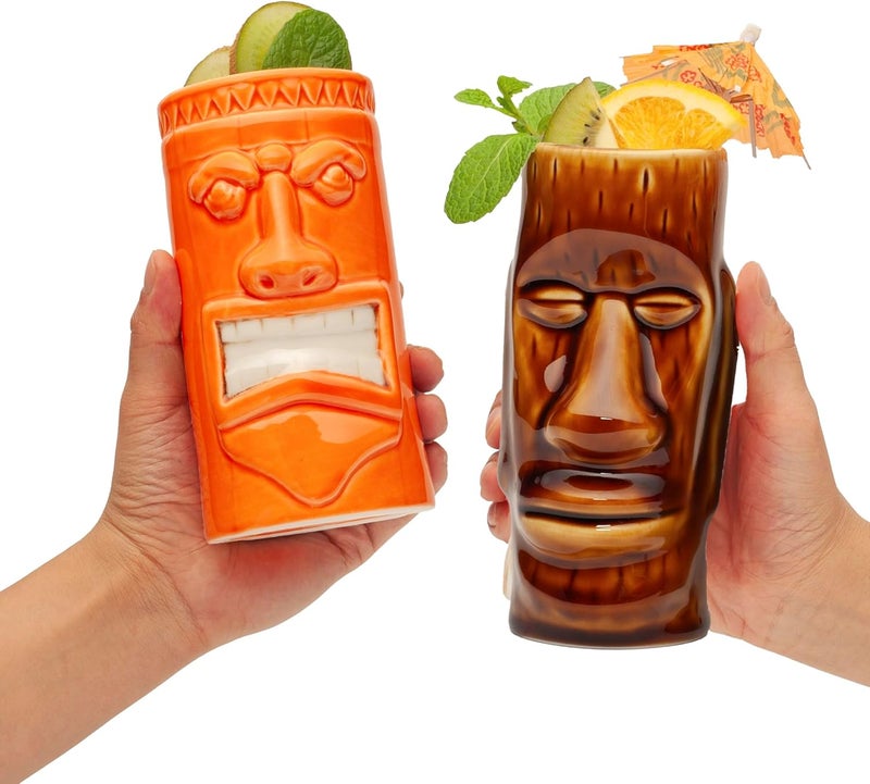 LEMONSODA HardCarved and HandPainted Tiki Mugs  Set of 8  Ceramic Hawaiian Luau Party Mugs Drinkware Cute Exotic Cocktail Glasses Tiki Bar Hawaiian Party Barware  18235oz - Image 2