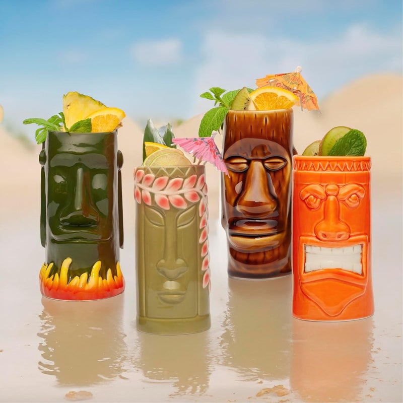 LEMONSODA HardCarved and HandPainted Tiki Mugs  Set of 8  Ceramic Hawaiian Luau Party Mugs Drinkware Cute Exotic Cocktail Glasses Tiki Bar Hawaiian Party Barware  18235oz - Image 5