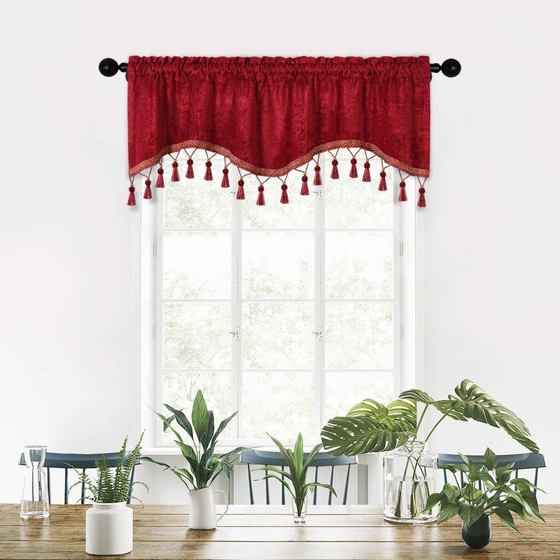 ELKCA Double-Sided Chenille Window Curtains Tier for Kitchen Burgundy Red Scalloped Valance for Living Room,Pack of 1(Burgundy Red, 52" W x 18" L) - Image 1