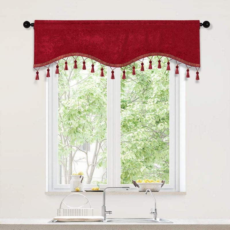 ELKCA Double-Sided Chenille Window Curtains Tier for Kitchen Burgundy Red Scalloped Valance for Living Room,Pack of 1(Burgundy Red, 52" W x 18" L) - Image 2