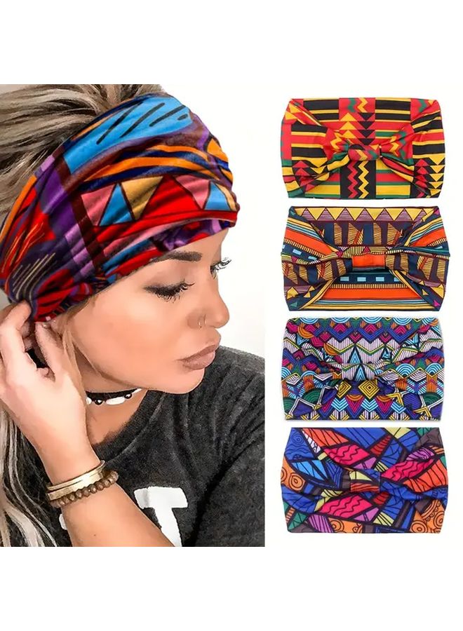 4pcs Set Bohemian Colorful Geometric Print Stretchy Headband Absorbent Breathable For Women Fitness Running Yoga Outdoor Sports Hair Accessory - Image 1
