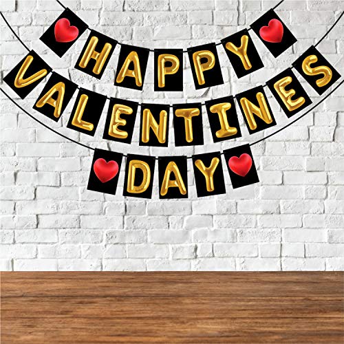 Wobbox Valentine Bunting Banner For Couples, Happy Valentine Banner, Valentine Party Decoration, Happy Valentine Day Party Decorations Items (Golden Balloon & Red Heart Happy Valentines Day) - Image 1