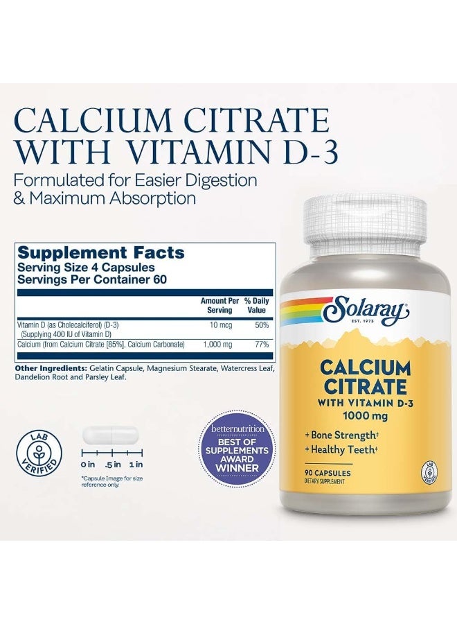 SOLARAY Calcium Citrate 1000mg with Vitamin D3 – Bone & Muscle Support Supplement – 90 Vegan Capsules - Image 4