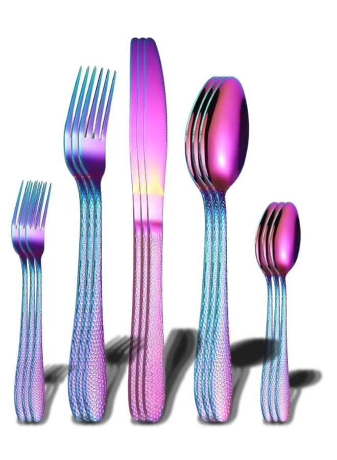 Eletree Stainless Steel Flatware Set | Hammered Handle Cutlery with Salad Forks Dinner Forks Tea Spoons Dinner Spoons and Knives | Dishwasher Safe Tableware for Home and Restaurant (15, Rainbow) - Image 1