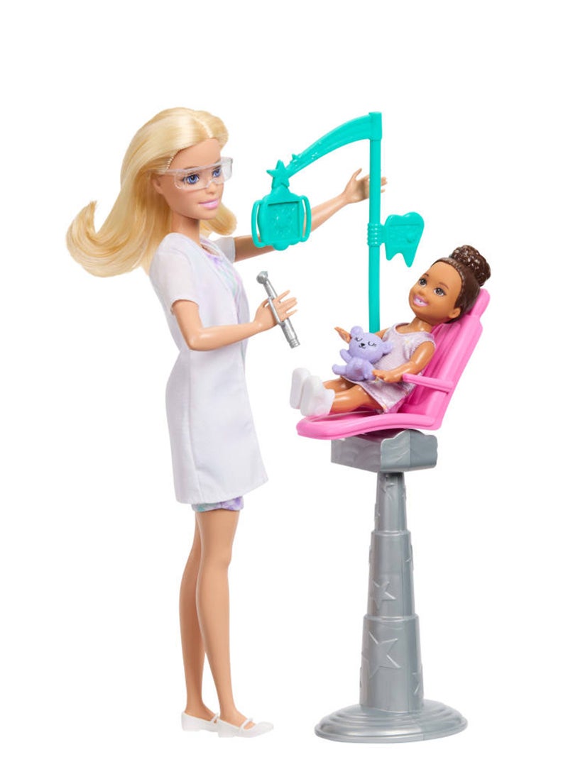 Barbie مجموعة ألعاب طبيب الأسنان مع دمية باربي الشقراء التي ترتدي معطف أبيض، دمية صغيرة للأطفال، كرسي فحص وإكسسوارات - Image 3