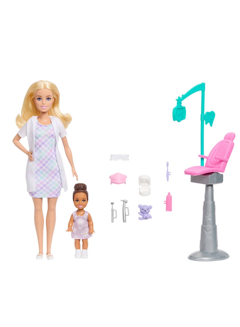 Barbie مجموعة ألعاب طبيب الأسنان مع دمية باربي الشقراء التي ترتدي معطف أبيض، دمية صغيرة للأطفال، كرسي فحص وإكسسوارات - Image 1