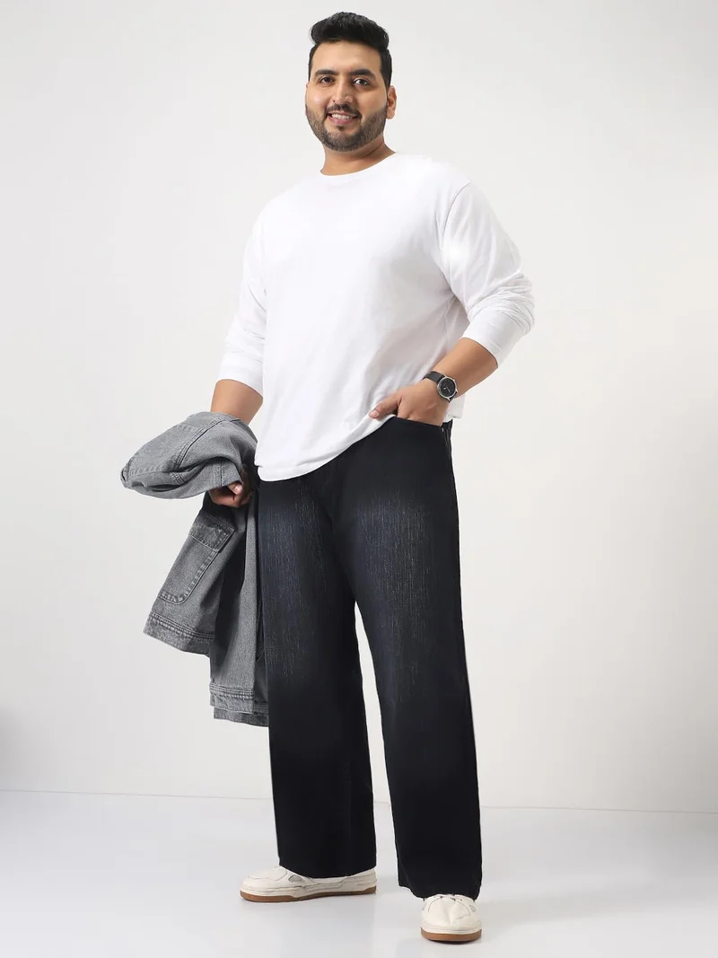 Urbano Fashion  Urbano Plus Men's Black Loose Baggy Fit Washed Denim Jeans Non-Stretchable  | Best Price UAE