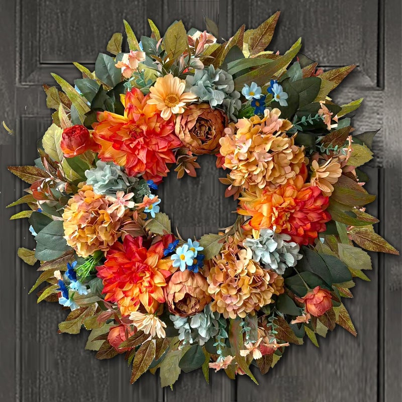 WANNA-CUL 24 Inch Spring Hydrangea &Peony Wreaths for Front Door, Summer Fall Door Wreath with Orange Dahlia Flowers for Wedding or Indoor&Outdoor Decoration - Image 5