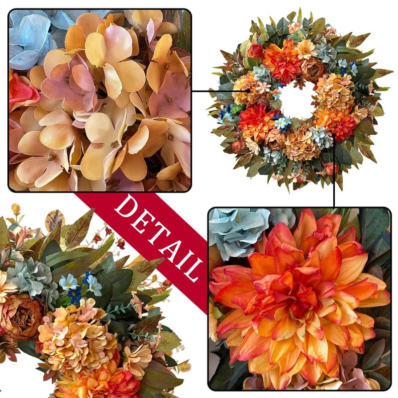 WANNA-CUL 24 Inch Spring Hydrangea &Peony Wreaths for Front Door, Summer Fall Door Wreath with Orange Dahlia Flowers for Wedding or Indoor&Outdoor Decoration - Image 4