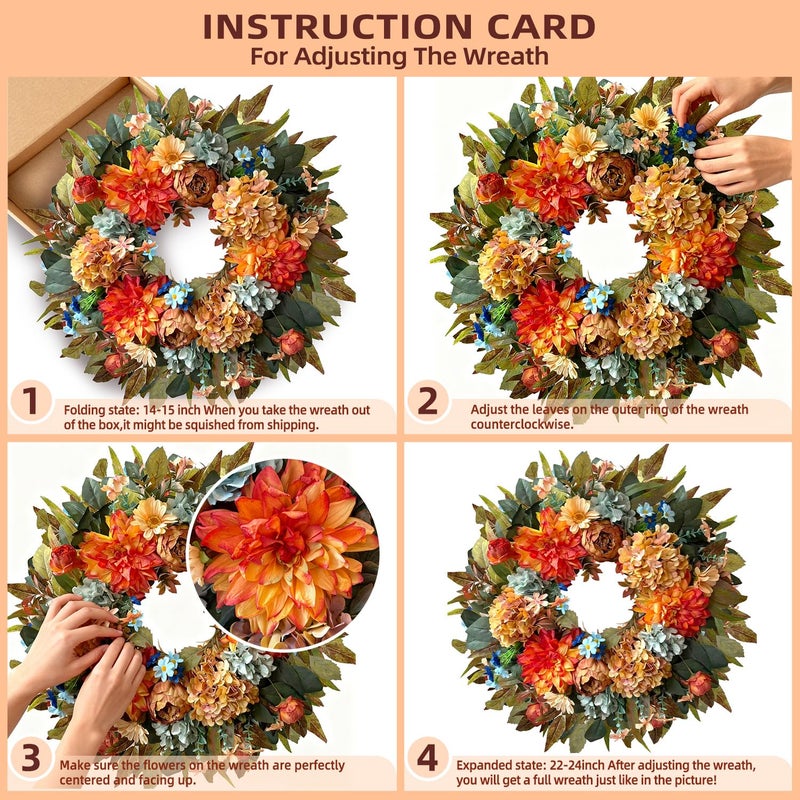 WANNA-CUL 24 Inch Spring Hydrangea &Peony Wreaths for Front Door, Summer Fall Door Wreath with Orange Dahlia Flowers for Wedding or Indoor&Outdoor Decoration - Image 3