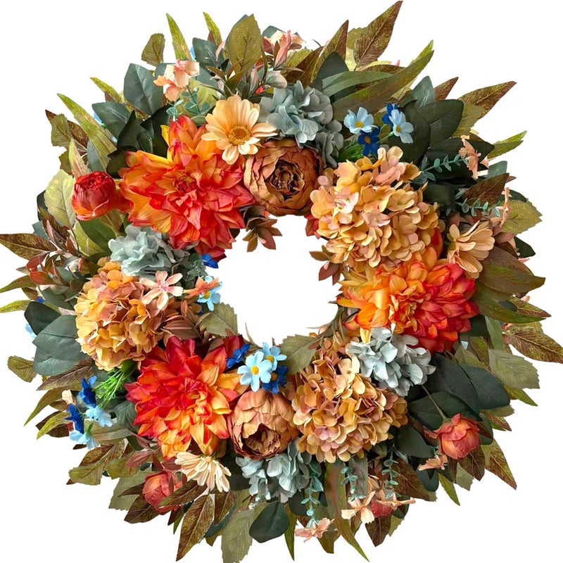 WANNA-CUL 24 Inch Spring Hydrangea &Peony Wreaths for Front Door, Summer Fall Door Wreath with Orange Dahlia Flowers for Wedding or Indoor&Outdoor Decoration - Image 1