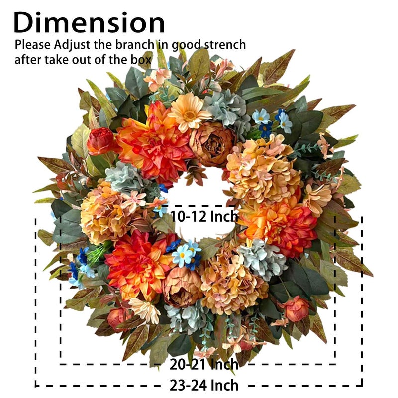 WANNA-CUL 24 Inch Spring Hydrangea &Peony Wreaths for Front Door, Summer Fall Door Wreath with Orange Dahlia Flowers for Wedding or Indoor&Outdoor Decoration - Image 2