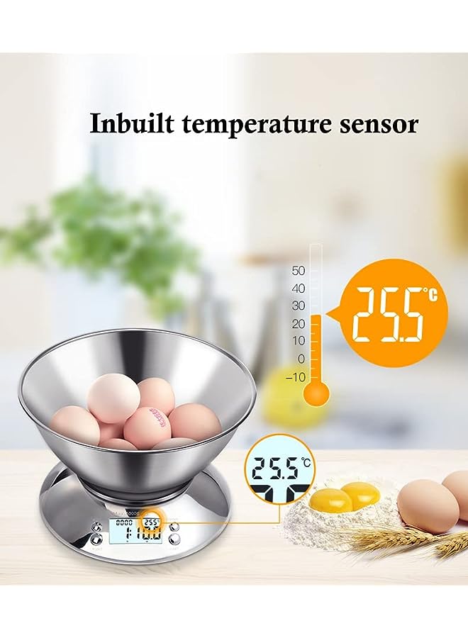 PROMASS Kitchen Scale,Digital Food Scale with Removable Bowl 1.8L ,Stainless Steel Food Scale with Alarm Timer，5Kg/1G (Silver-5KG/1G) - Image 2