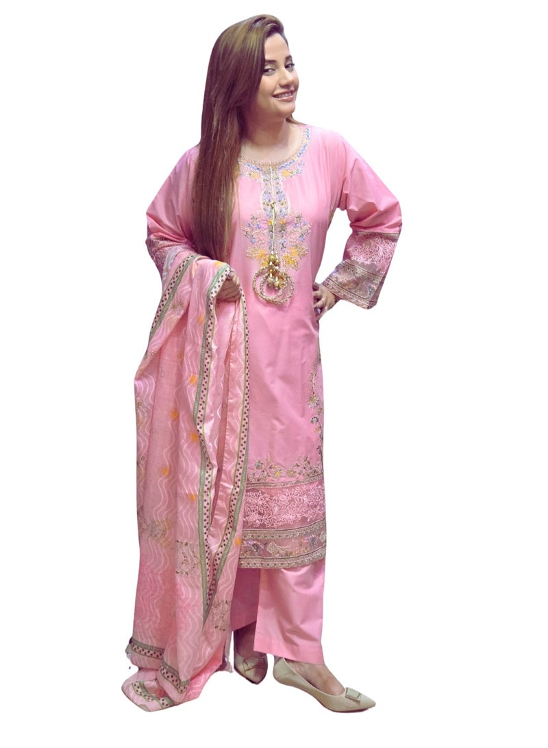 وينشيلز بدلة أنيقة مطرزة باللون الوردي مكونة من ثلاث قطع - فستان تقليدي مع دوباتا - صغير - Image 1