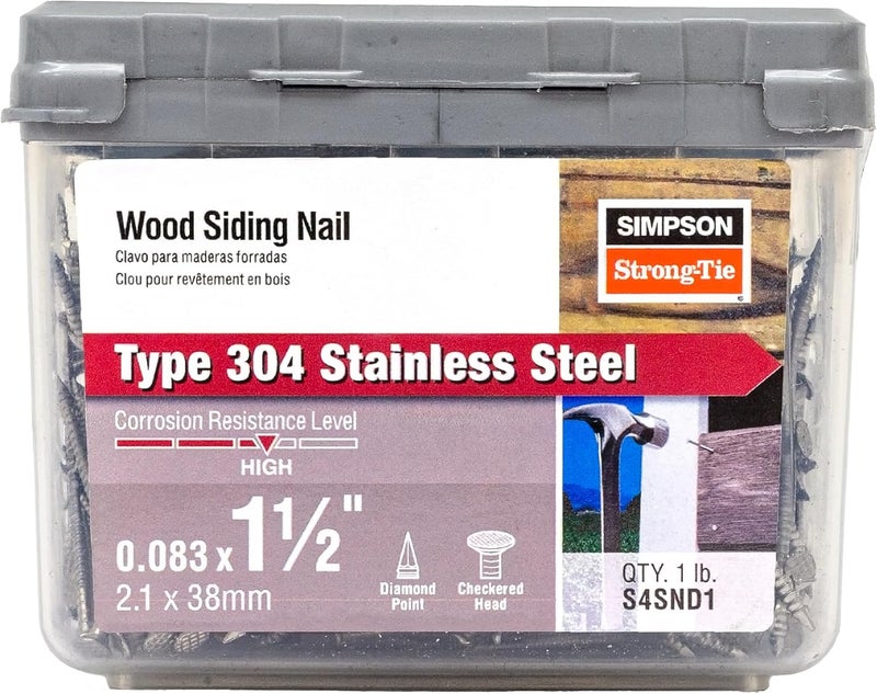 Simpson StrongTie S4SND1 Ring-Shank Wood Siding Nail, 1-1/2 Inch x 0.083 Inch, 14 Gauge, Full Round Head, Diamond Point, Type 304 Stainless Steel (Pack of 120) - Image 1