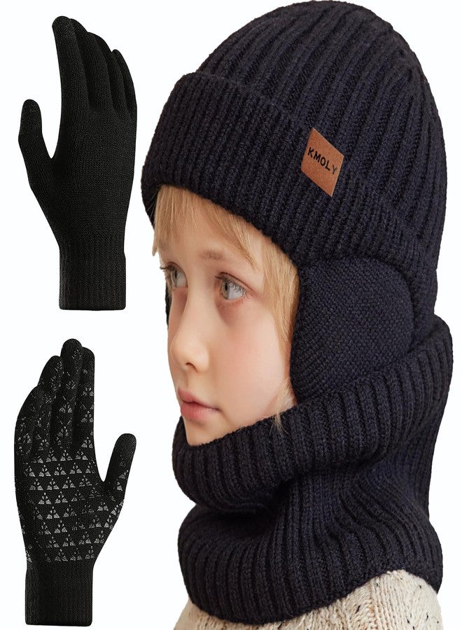 KMOLY Kids Winter Beanie Hat Scarf Gloves Set 4-10Y, Knit Hat With Earmuffs Neck Gaiter Fleece Lined Touchscreen Gloves Boys Girls - Image 1