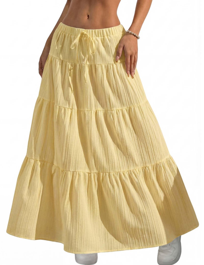 DERAX Women's Boho Flowy Maxi Skirt Flared Ruffle Elastic Waist Summer A Line Long Skirts Yellow M - Image 1