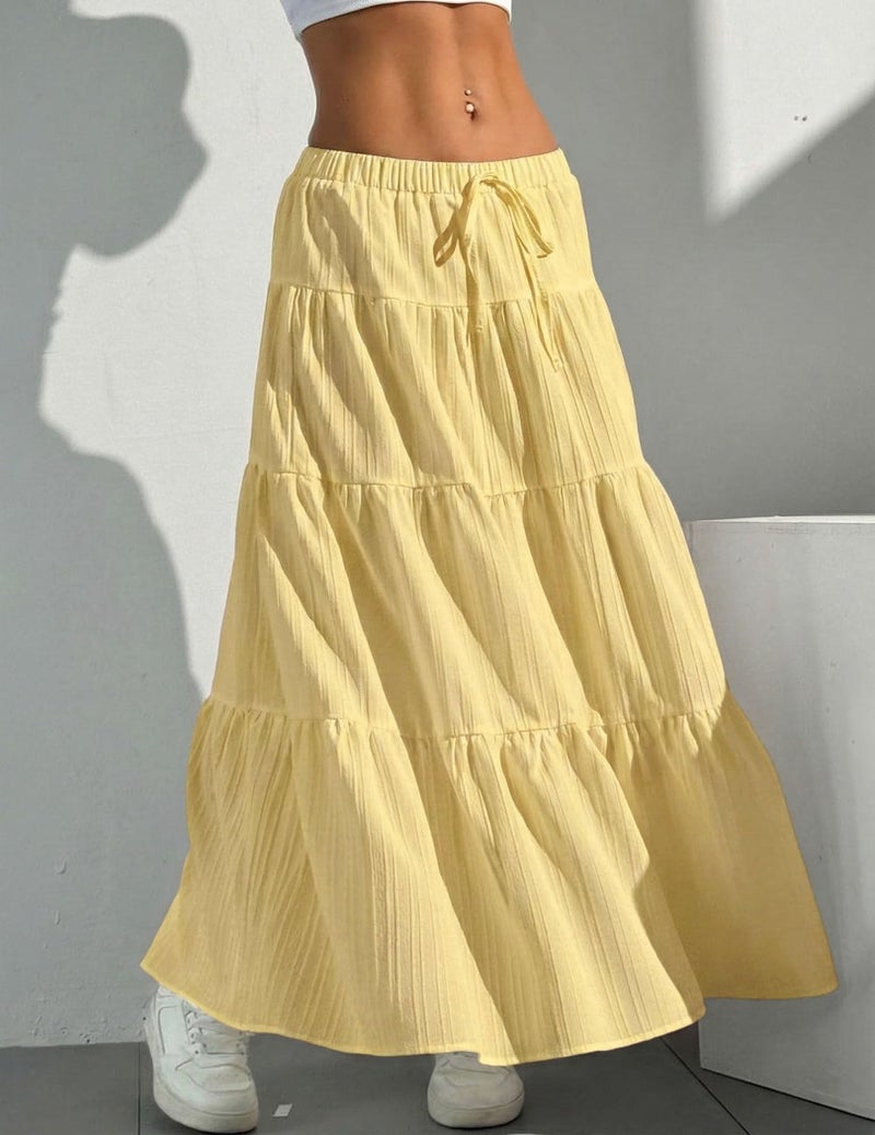 DERAX Women's Boho Flowy Maxi Skirt Flared Ruffle Elastic Waist Summer A Line Long Skirts Yellow M - Image 5
