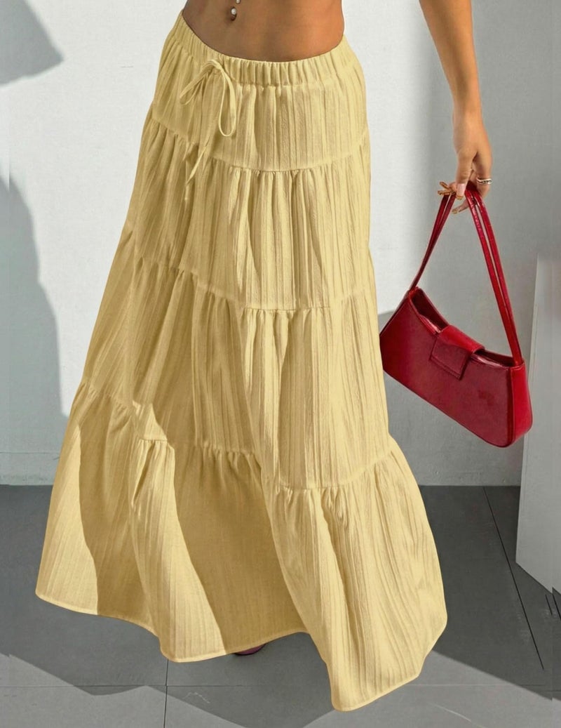 DERAX Women's Boho Flowy Maxi Skirt Flared Ruffle Elastic Waist Summer A Line Long Skirts Yellow M - Image 3