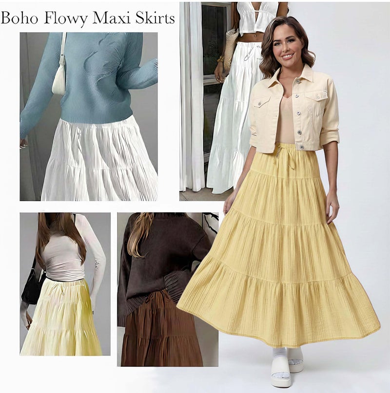 DERAX Women's Boho Flowy Maxi Skirt Flared Ruffle Elastic Waist Summer A Line Long Skirts Yellow M - Image 4