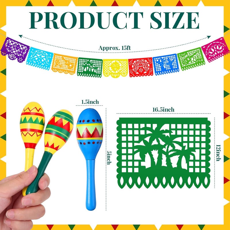 Civaner زينة حفلة مكسيكية من Civaner 20 قطعة للأطفال والبالغين 12 ماراكا خشبية صغيرة 6 قبعات سومبريرو صغيرة عداء طاولة سيرابي مكسيكي لافتات بابيل بيكادو لحفلة ذات طابع مكسيكي - Image 4