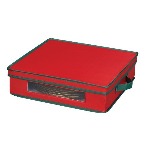 Household Essentials Holiday Charger Plate Storage Box, Holds 12 Charger Plates with Felt Protectors, Red Canvas with Green Trim - Image 3