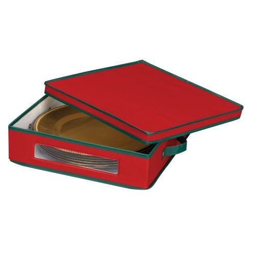 Household Essentials Holiday Charger Plate Storage Box, Holds 12 Charger Plates with Felt Protectors, Red Canvas with Green Trim - Image 4