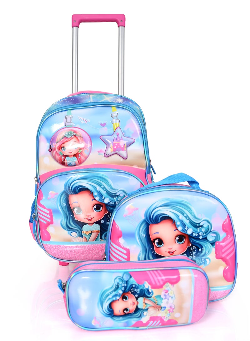 MORANO Girls School Rolling Trolley Bag with Pencil Case and Lunch Box Size 16" - Blue and Pink  - Image 1