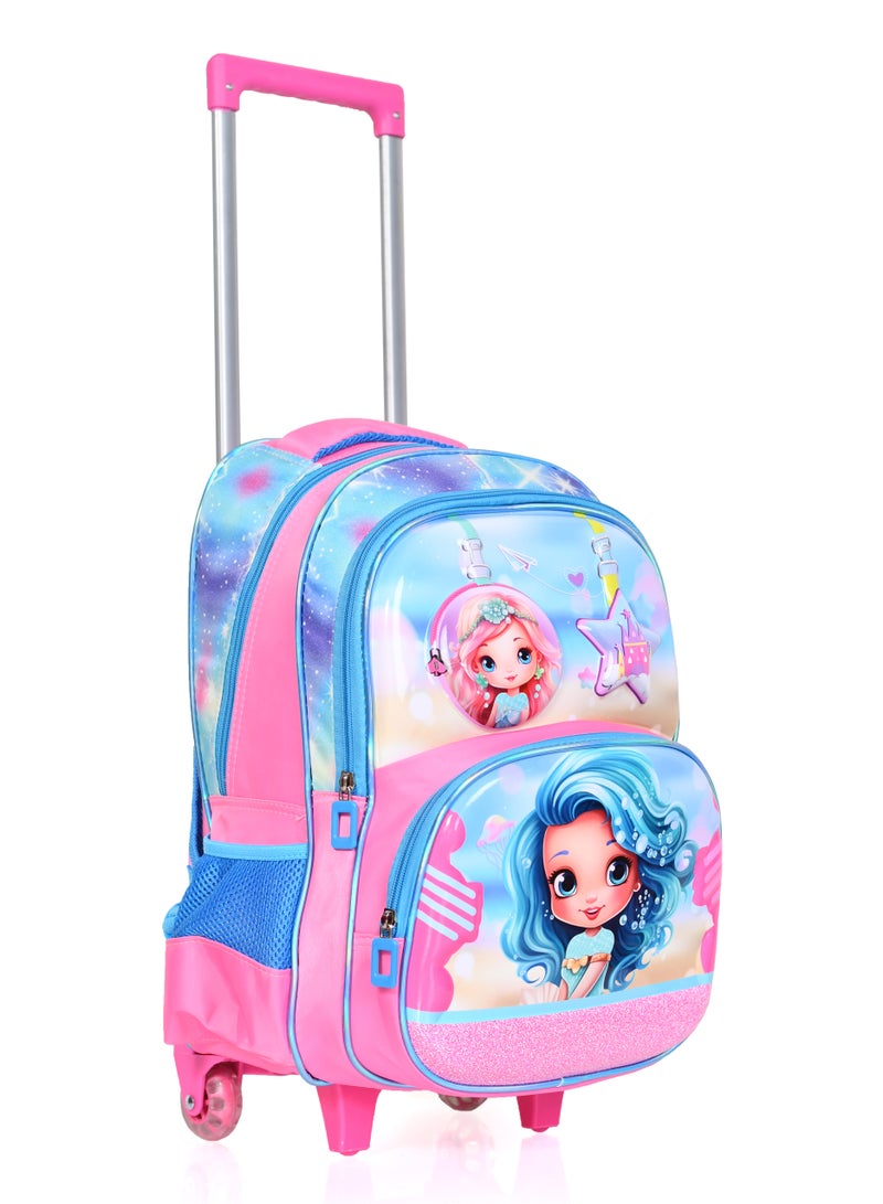 MORANO Girls School Rolling Trolley Bag with Pencil Case and Lunch Box Size 16" - Blue and Pink  - Image 3