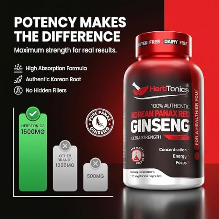 Herbtonics جنسينغ كوري أحمر 1500 ملغ - مكمل طاقة للأداء العالي والتركيز والحيوية - مستخلص جذور الجنسينغ عالي القوة - 120 كبسولة نباتية - Image 4