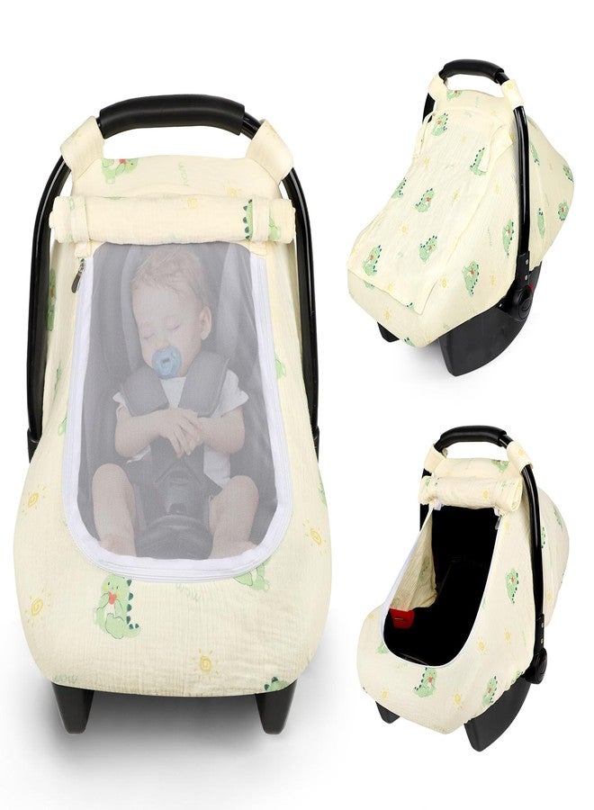 WINGHENLEE Muslin Baby Car Seat Cover for Boys Girls, Infant Carseat Canopy with Breathable Mesh Peep Window, Summer Lightweight Sunshade Carrier Cover for Newborn, Green Dinosaur - Image 1