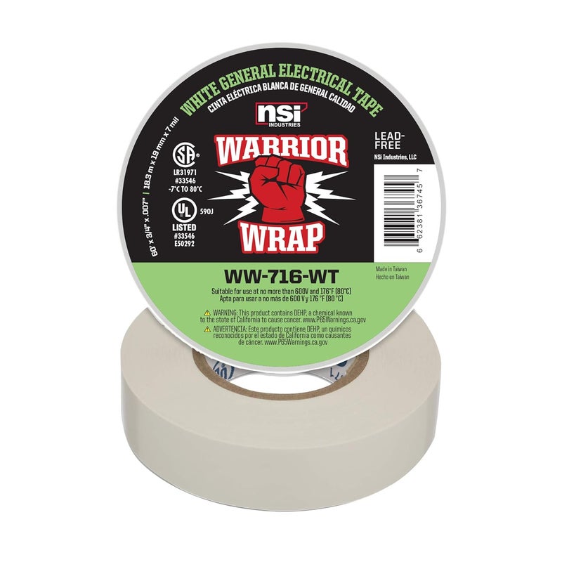 NSI شريط كهربائي من نوع WarriorWrap WW-716-WT بسمك 7 مل، عرض 3/4 بوصة، طول 60 قدم، أبيض - Image 1